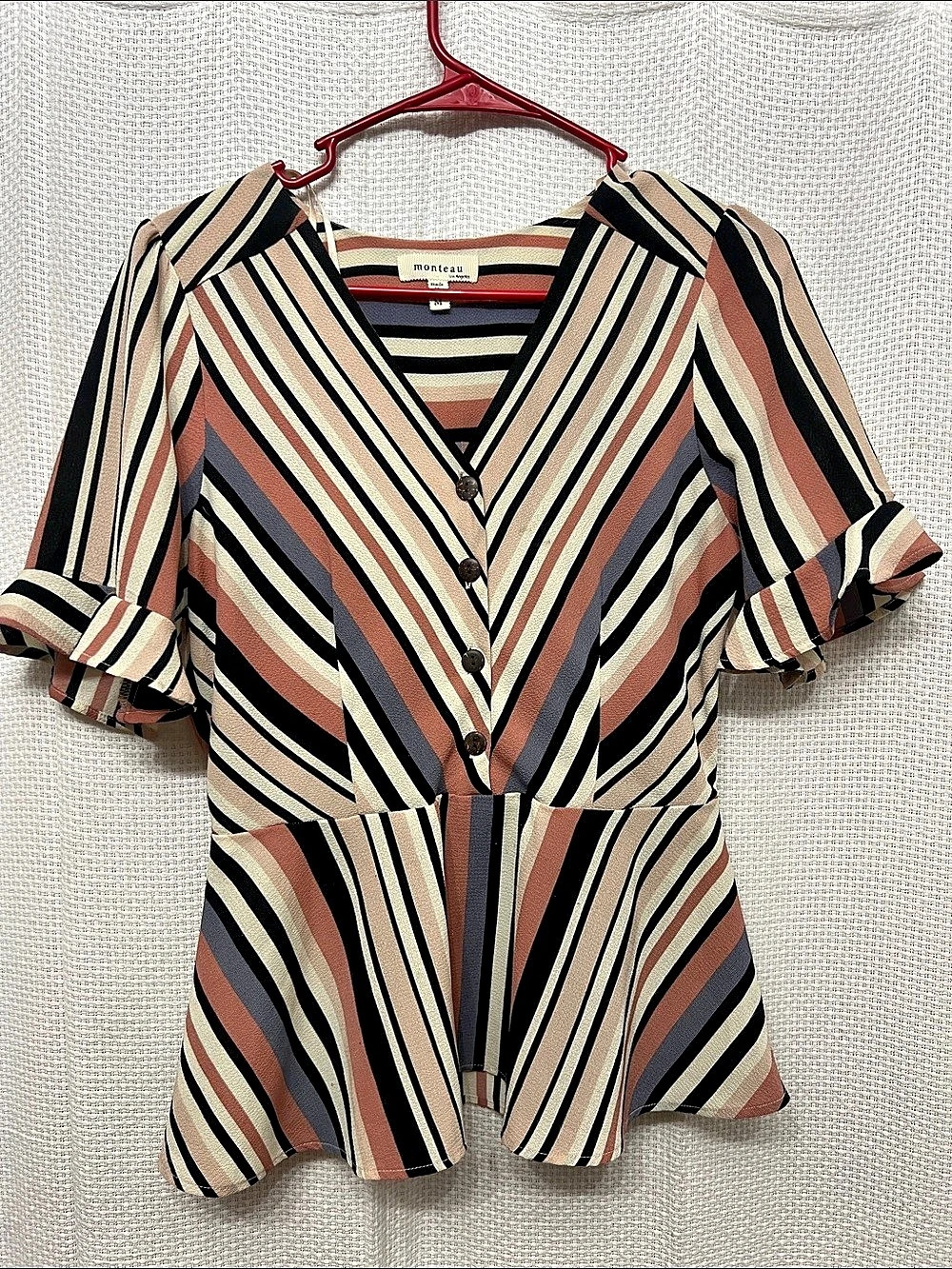 monteau Los Angeles Striped Button-Front Peplum Blouse Black & Pink